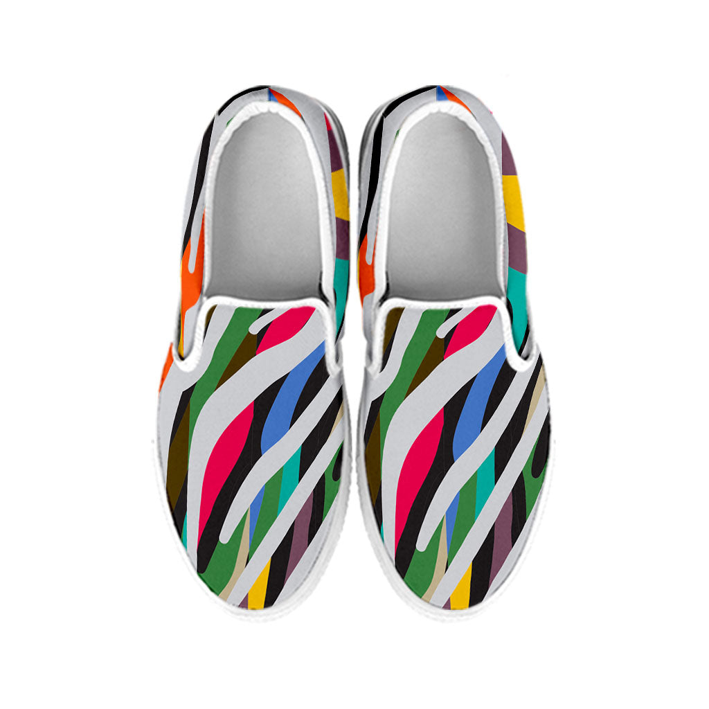 Colorful Zebra Pattern Print White Slip On Sneakers