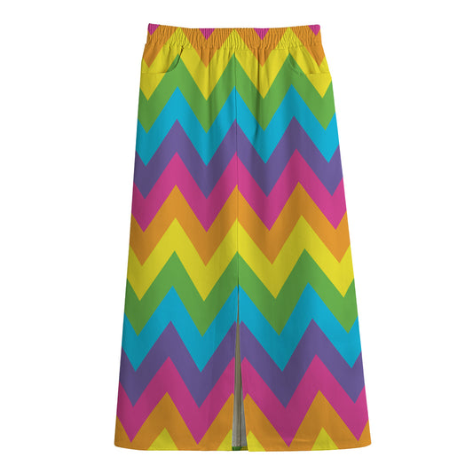 Colorful Zigzag Pattern Print Cotton Front Slit Maxi Skirt