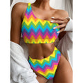 Colorful Zigzag Pattern Print One Shoulder Bikini Set