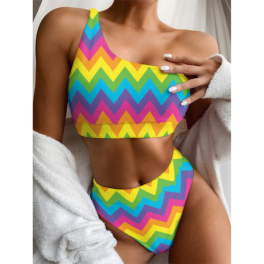 Colorful Zigzag Pattern Print One Shoulder Bikini Top