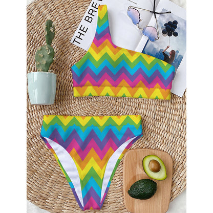 Colorful Zigzag Pattern Print One Shoulder Bikini Top