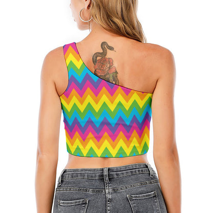 Colorful Zigzag Pattern Print One Shoulder Crop Top