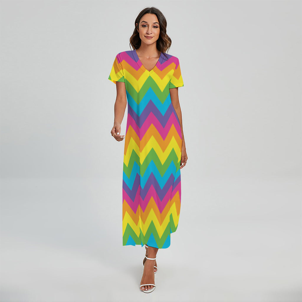 Colorful Zigzag Pattern Print Short Sleeve Maxi Dress