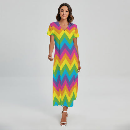 Colorful Zigzag Pattern Print Short Sleeve Maxi Dress