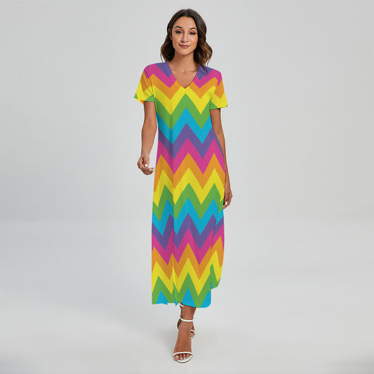 Colorful Zigzag Pattern Print Short Sleeve Maxi Dress