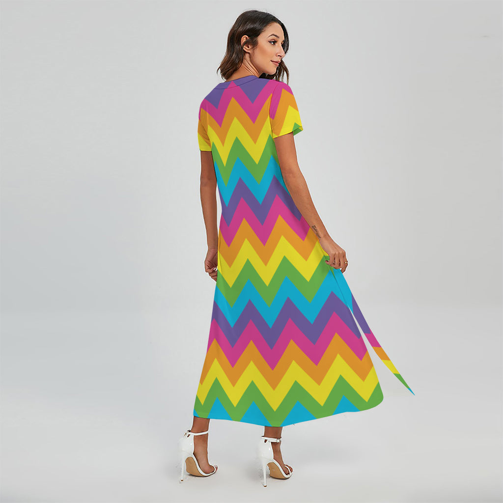 Colorful Zigzag Pattern Print Short Sleeve Maxi Dress