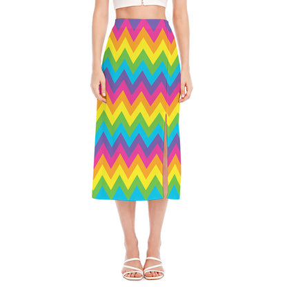 Colorful Zigzag Pattern Print Side Slit Midi Skirt