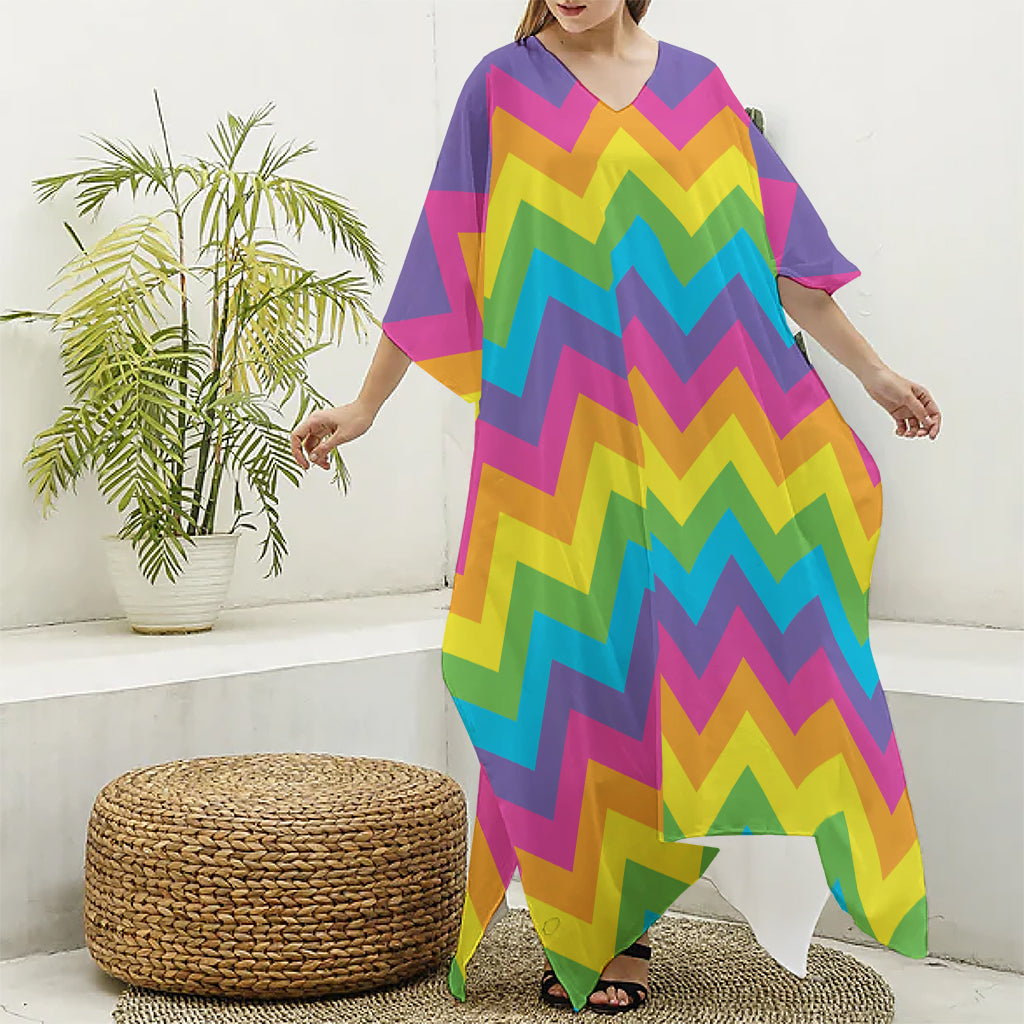 Colorful Zigzag Pattern Print Silk V-Neck Kaftan Dress