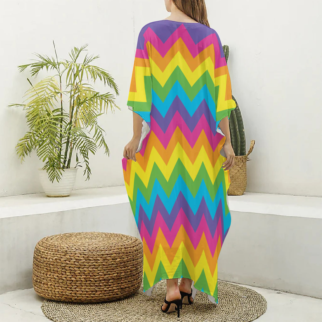 Colorful Zigzag Pattern Print Silk V-Neck Kaftan Dress