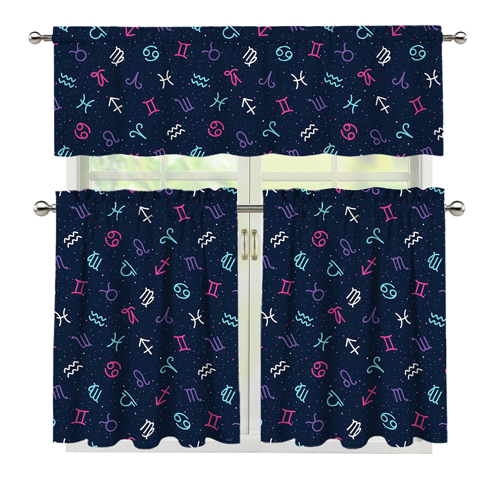 Colorful Zodiac Symbols Pattern Print 3 Piece Kitchen Curtains