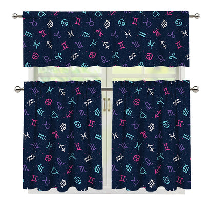 Colorful Zodiac Symbols Pattern Print 3 Piece Kitchen Curtains