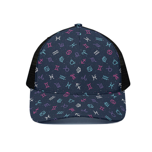 Colorful Zodiac Symbols Pattern Print Black Mesh Trucker Cap