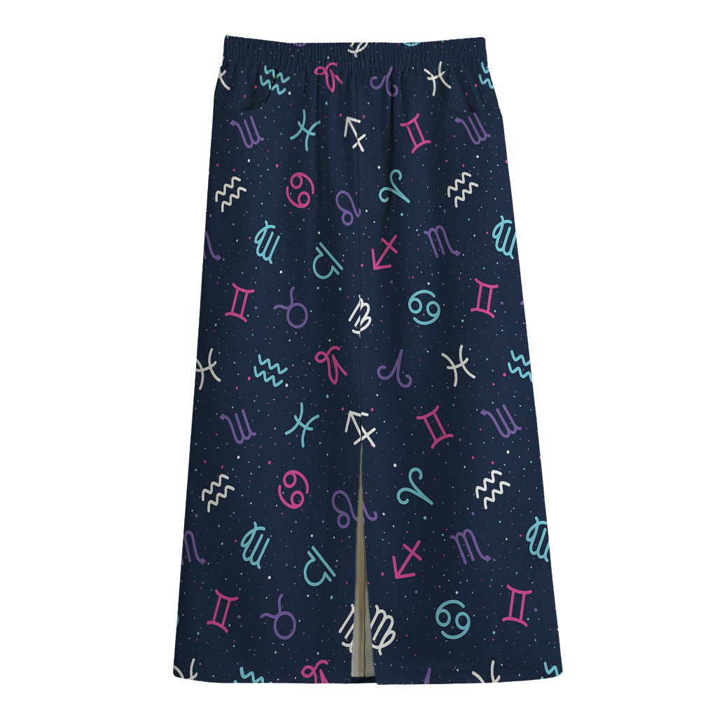 Colorful Zodiac Symbols Pattern Print Cotton Front Slit Maxi Skirt
