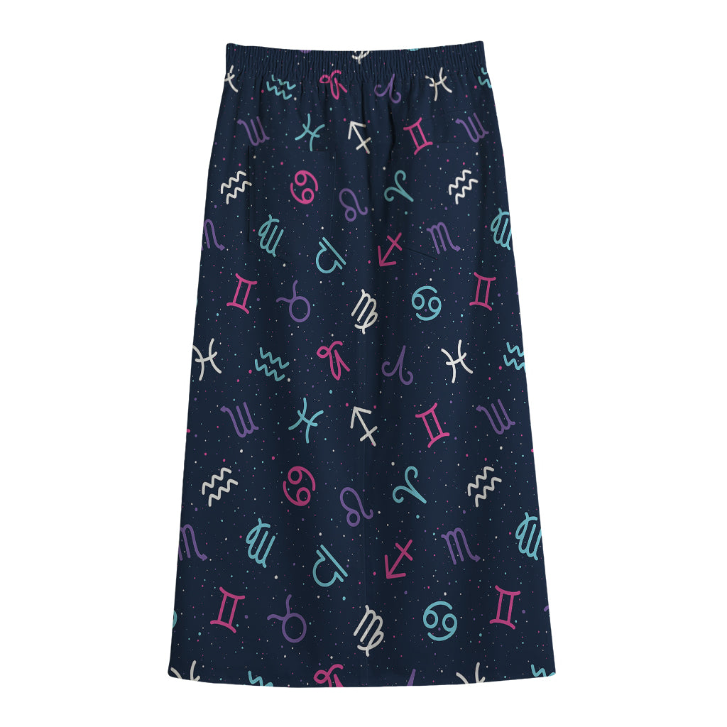 Colorful Zodiac Symbols Pattern Print Cotton Front Slit Maxi Skirt