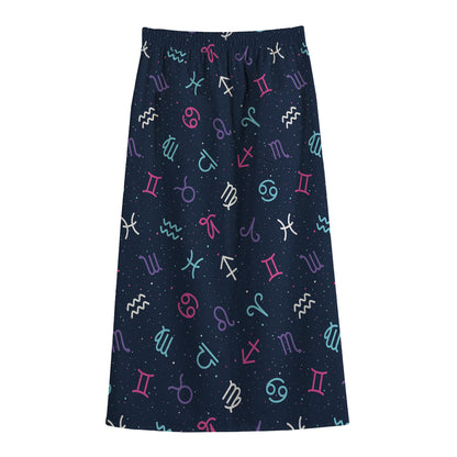 Colorful Zodiac Symbols Pattern Print Cotton Front Slit Maxi Skirt