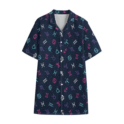 Colorful Zodiac Symbols Pattern Print Cotton Hawaiian Shirt