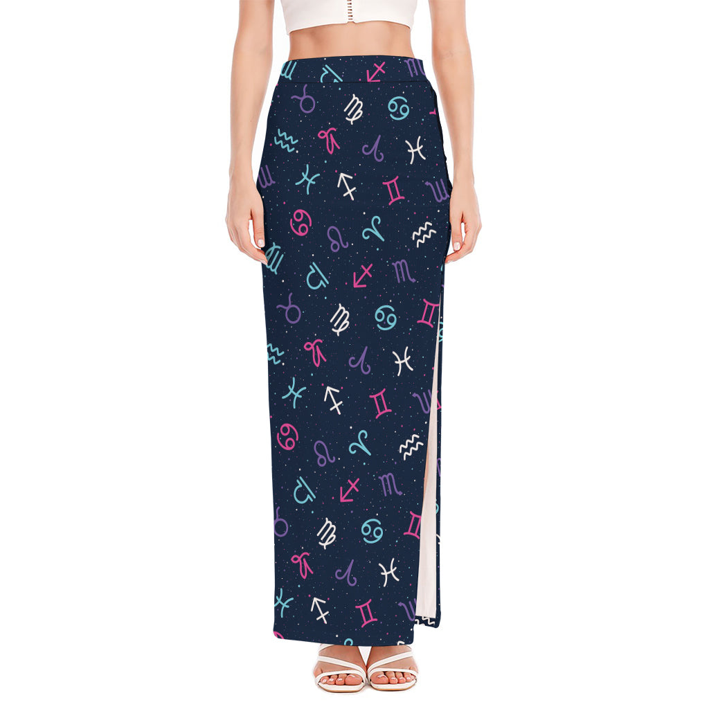 Colorful Zodiac Symbols Pattern Print High Slit Maxi Skirt
