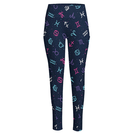 Colorful Zodiac Symbols Pattern Print High-Waisted Pocket Leggings