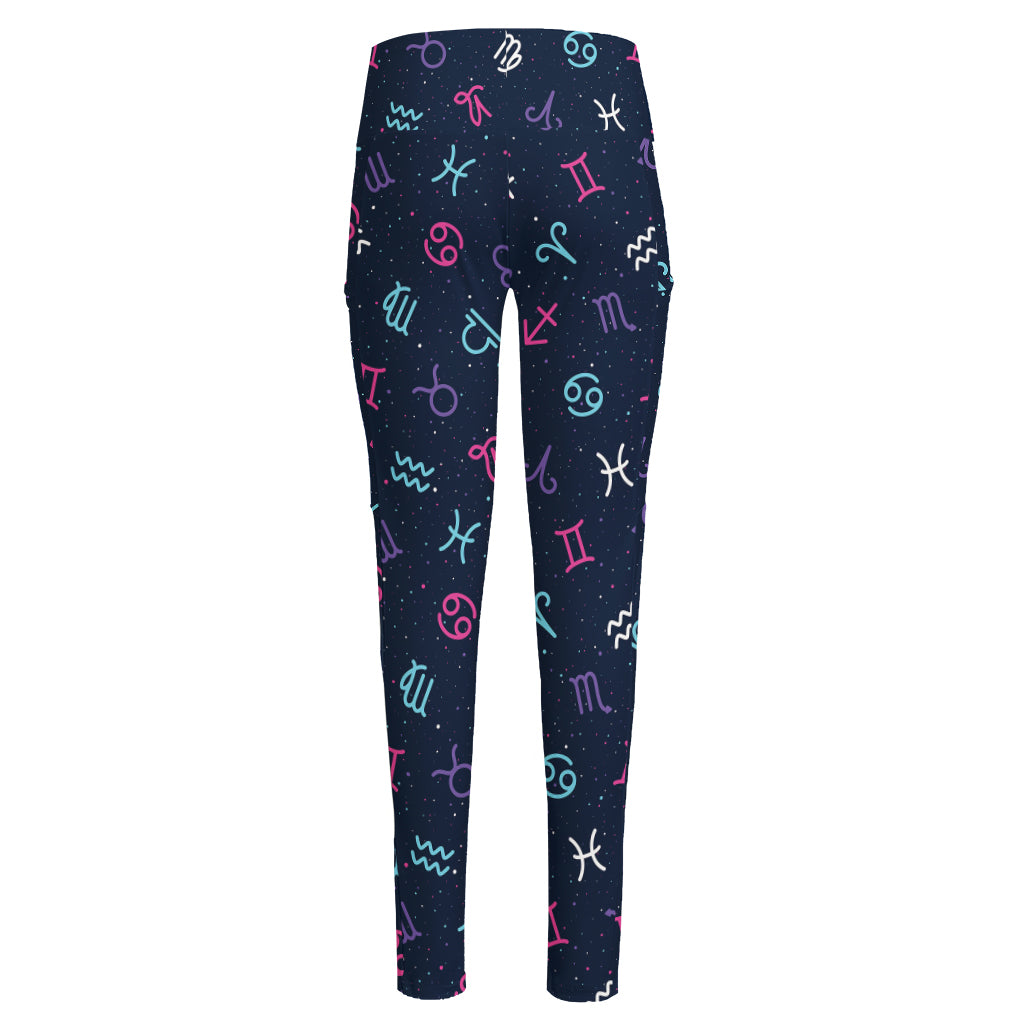 Colorful Zodiac Symbols Pattern Print High-Waisted Pocket Leggings