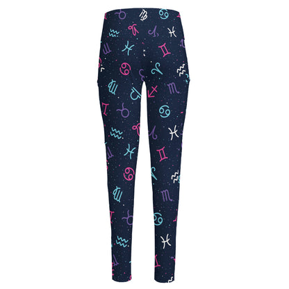 Colorful Zodiac Symbols Pattern Print High-Waisted Pocket Leggings