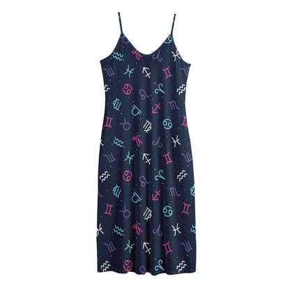 Colorful Zodiac Symbols Pattern Print Jersey Midi Cami Dress