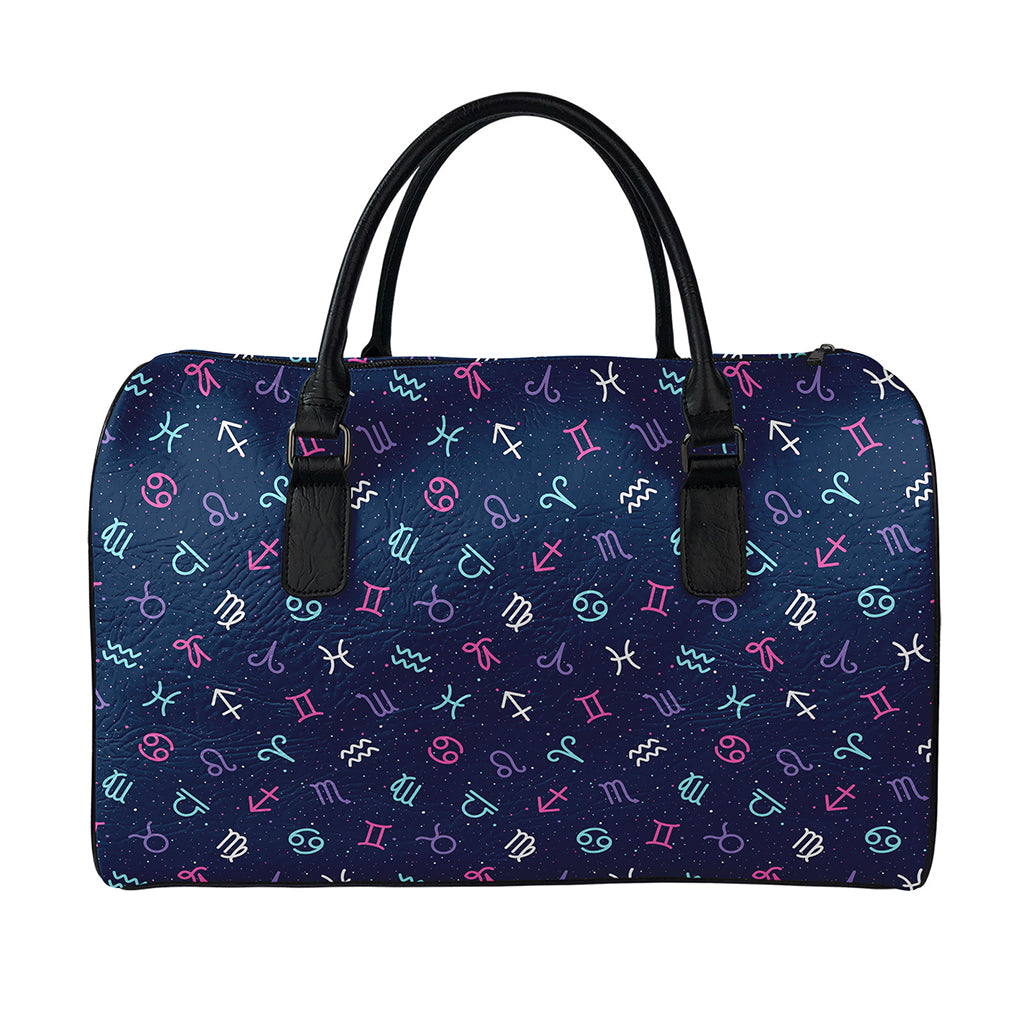 Colorful Zodiac Symbols Pattern Print Leather Duffle Bag