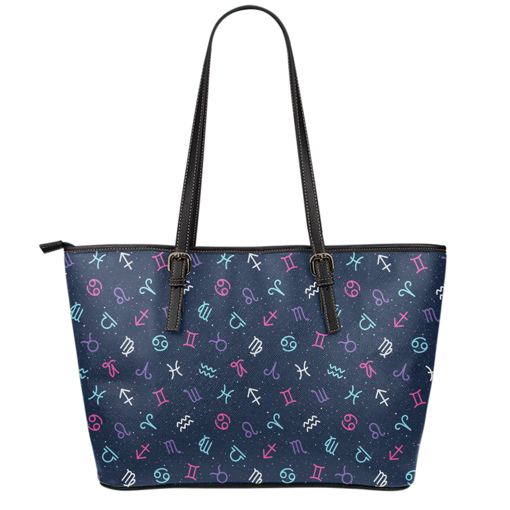 Colorful Zodiac Symbols Pattern Print Leather Tote Bag