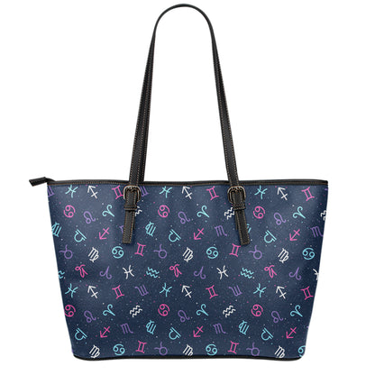 Colorful Zodiac Symbols Pattern Print Leather Tote Bag