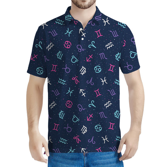 Colorful Zodiac Symbols Pattern Print Men's Polo Shirt