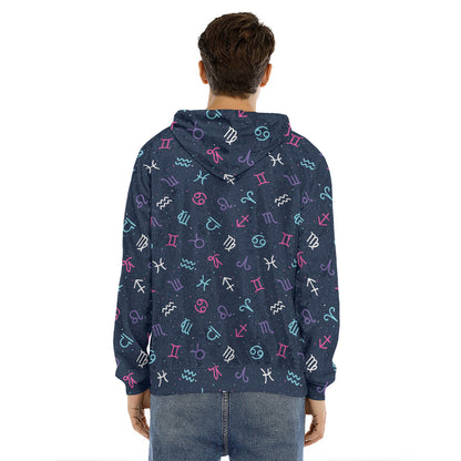 Colorful Zodiac Symbols Pattern Print Men's Velvet Pullover Hoodie