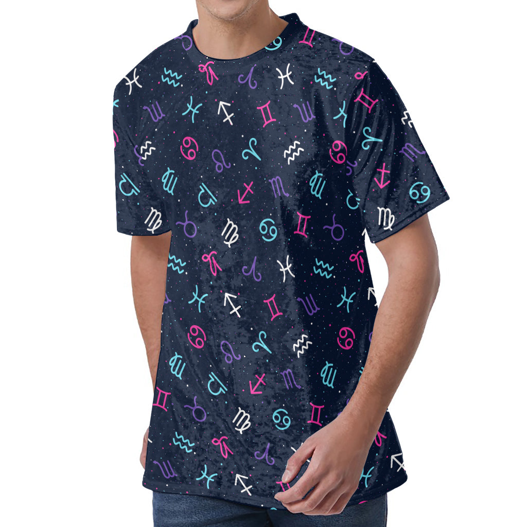 Colorful Zodiac Symbols Pattern Print Men's Velvet T-Shirt