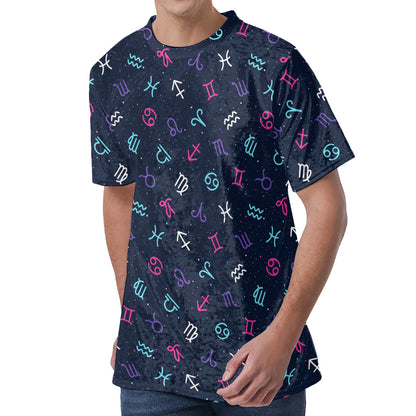 Colorful Zodiac Symbols Pattern Print Men's Velvet T-Shirt