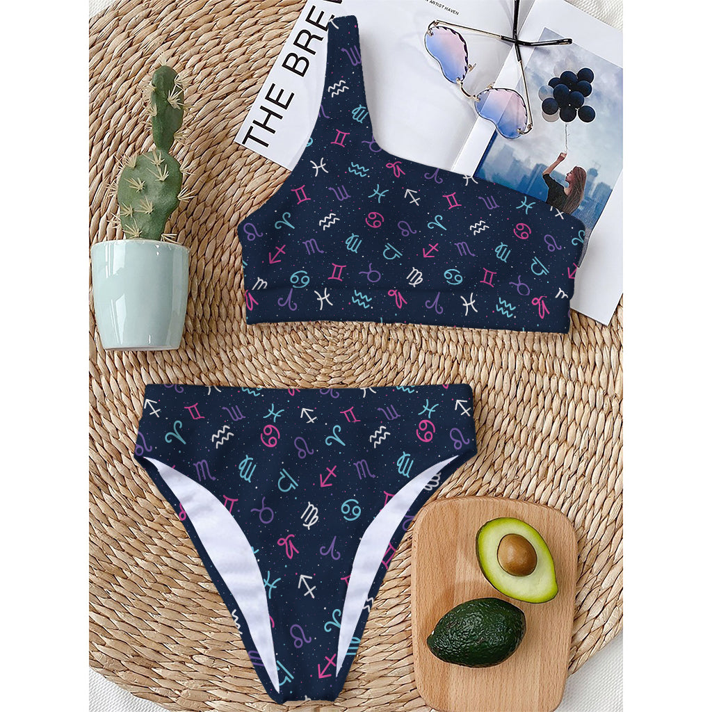 Colorful Zodiac Symbols Pattern Print One Shoulder Bikini Top