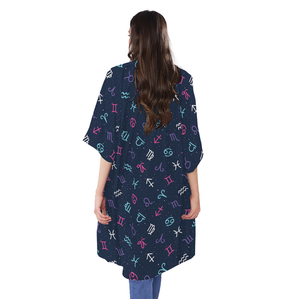 Colorful Zodiac Symbols Pattern Print Open Front Beach Cover Up
