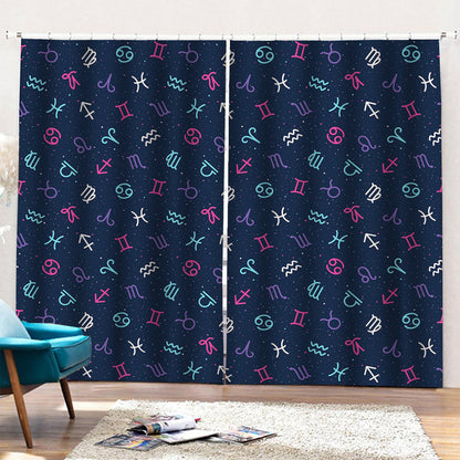 Colorful Zodiac Symbols Pattern Print Pencil Pleat Curtains