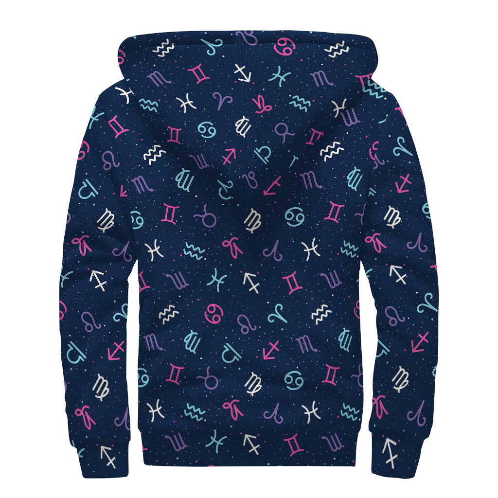 Colorful Zodiac Symbols Pattern Print Sherpa Lined Zip Up Hoodie