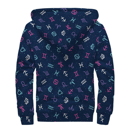 Colorful Zodiac Symbols Pattern Print Sherpa Lined Zip Up Hoodie