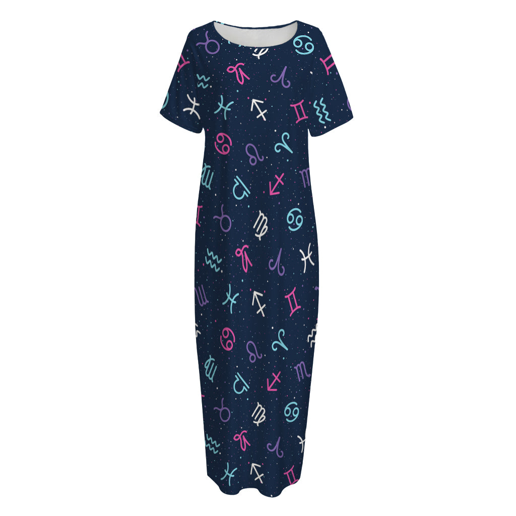 Colorful Zodiac Symbols Pattern Print Short Sleeve Long Nightdress