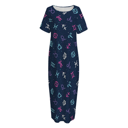 Colorful Zodiac Symbols Pattern Print Short Sleeve Long Nightdress