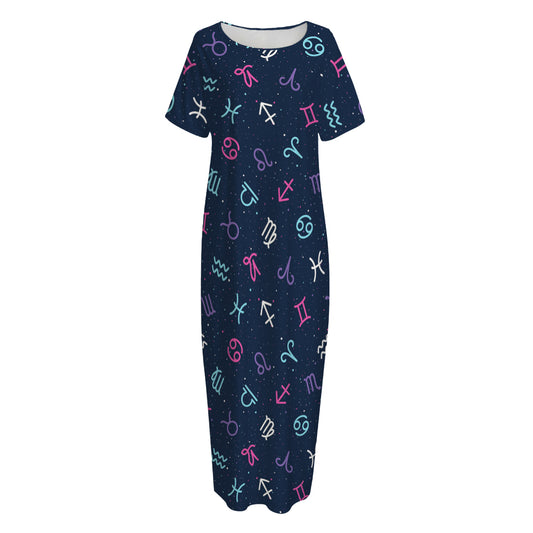 Colorful Zodiac Symbols Pattern Print Short Sleeve Long Nightdress