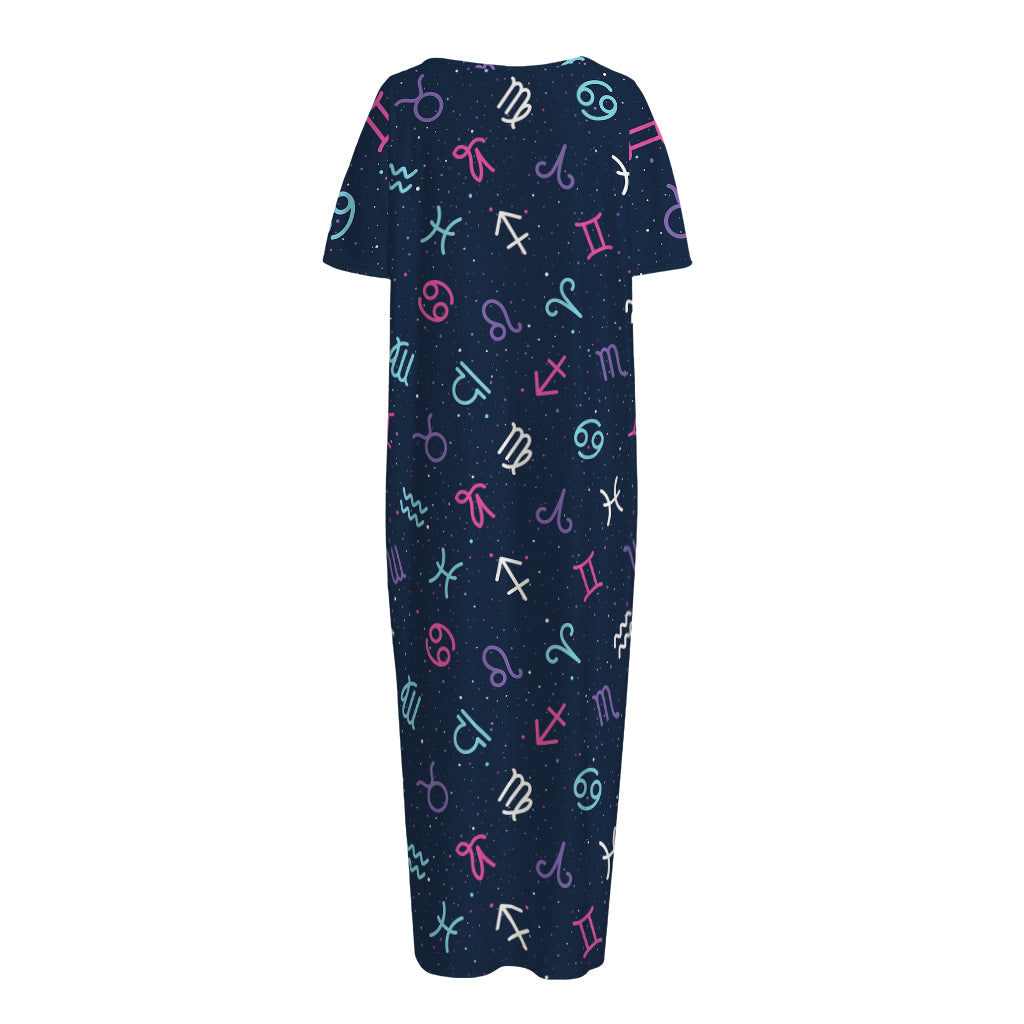 Colorful Zodiac Symbols Pattern Print Short Sleeve Long Nightdress