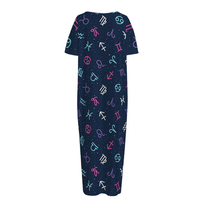 Colorful Zodiac Symbols Pattern Print Short Sleeve Long Nightdress
