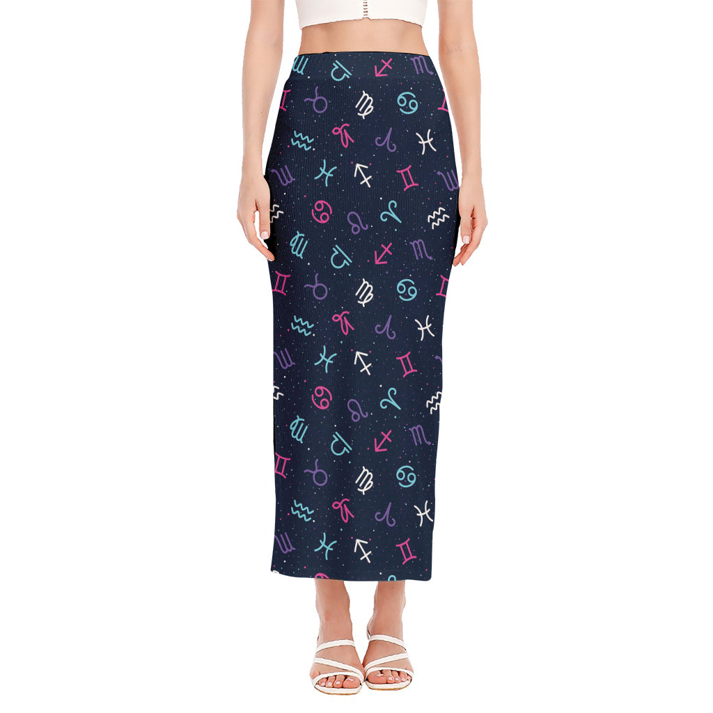 Colorful Zodiac Symbols Pattern Print Side Slit Maxi Skirt