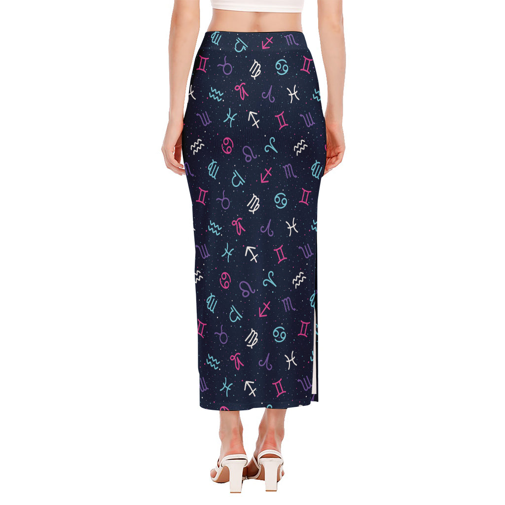 Colorful Zodiac Symbols Pattern Print Side Slit Maxi Skirt