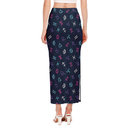 Colorful Zodiac Symbols Pattern Print Side Slit Maxi Skirt