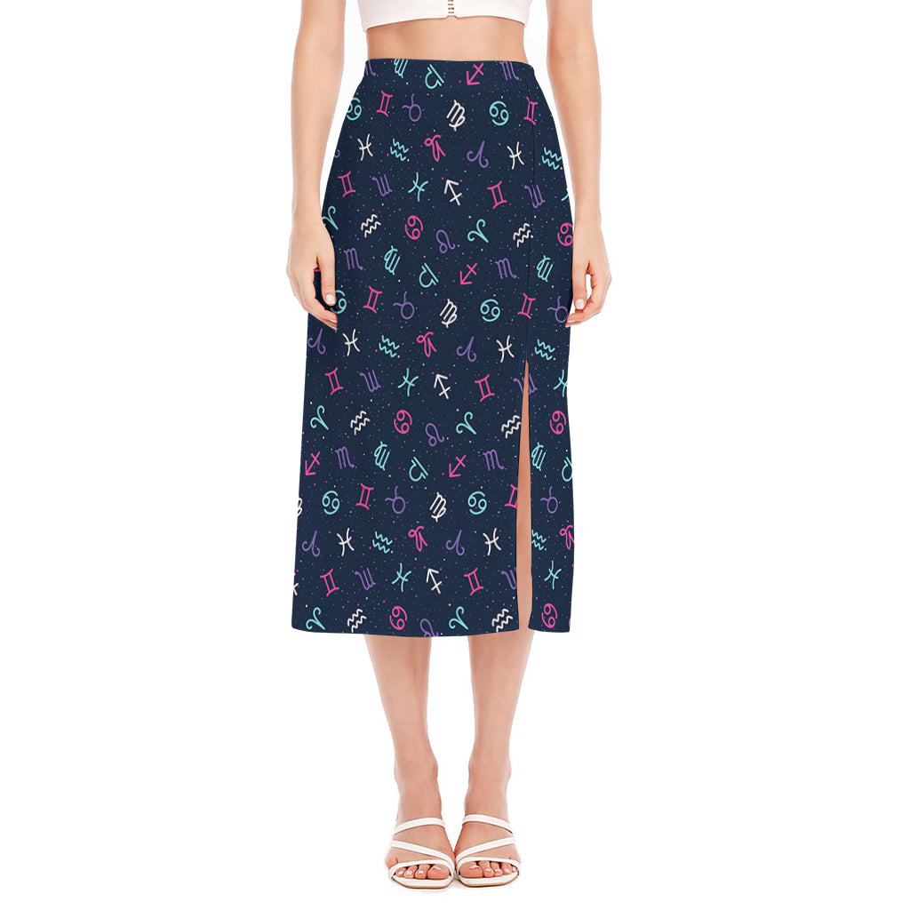 Colorful Zodiac Symbols Pattern Print Side Slit Midi Skirt