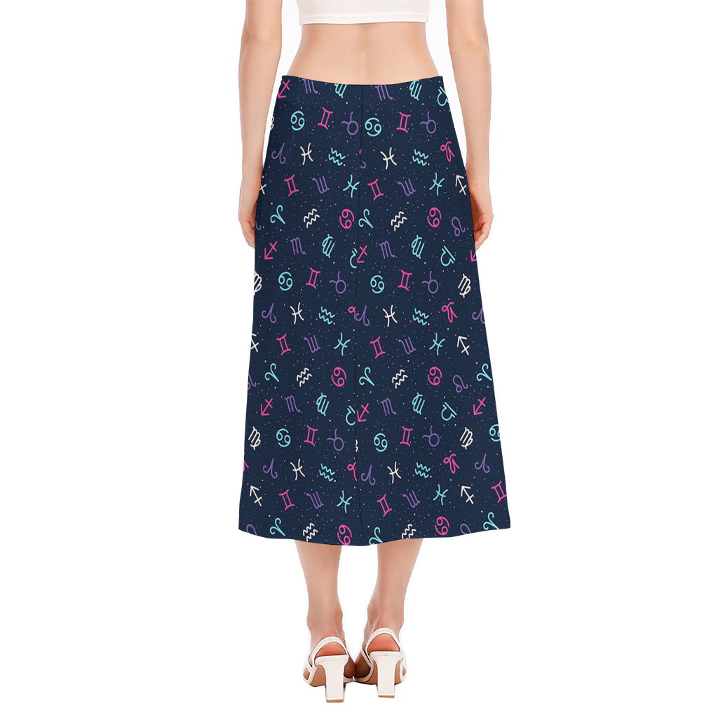 Colorful Zodiac Symbols Pattern Print Side Slit Midi Skirt