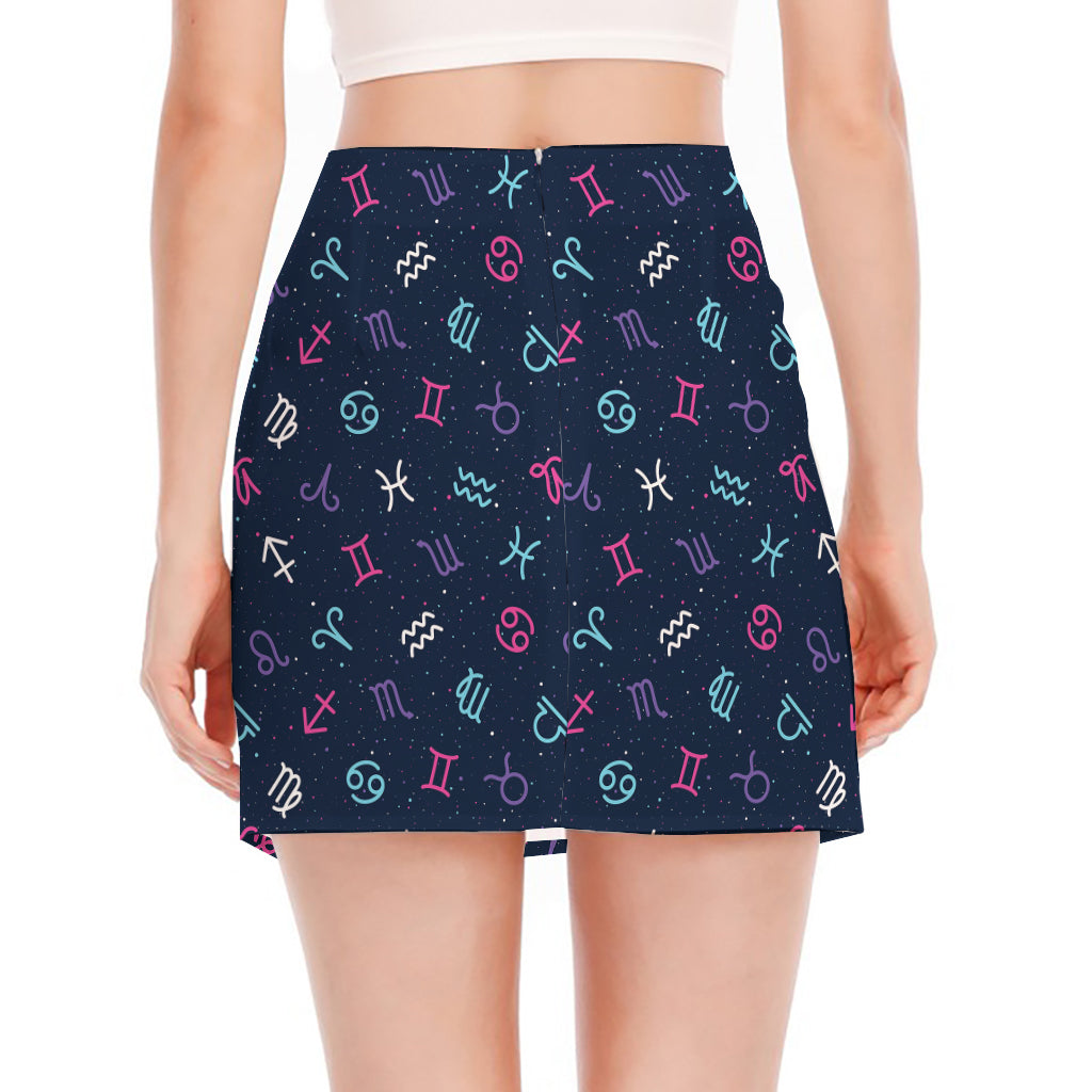 Colorful Zodiac Symbols Pattern Print Side Slit Mini Skirt