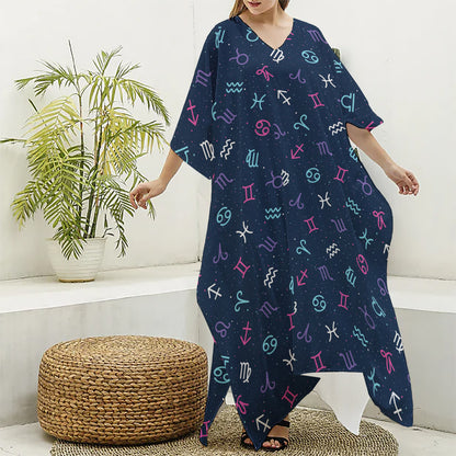 Colorful Zodiac Symbols Pattern Print Silk V-Neck Kaftan Dress