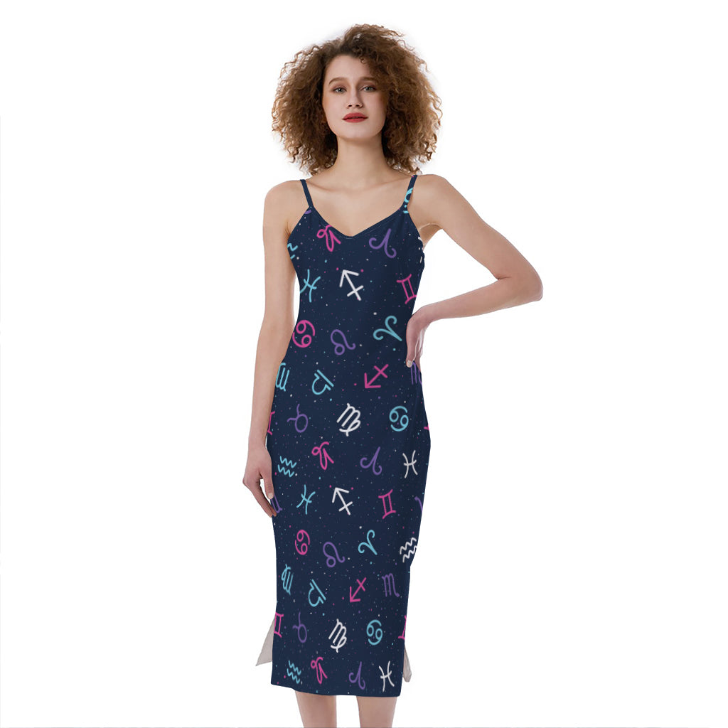 Colorful Zodiac Symbols Pattern Print Slim Fit Midi Cami Dress
